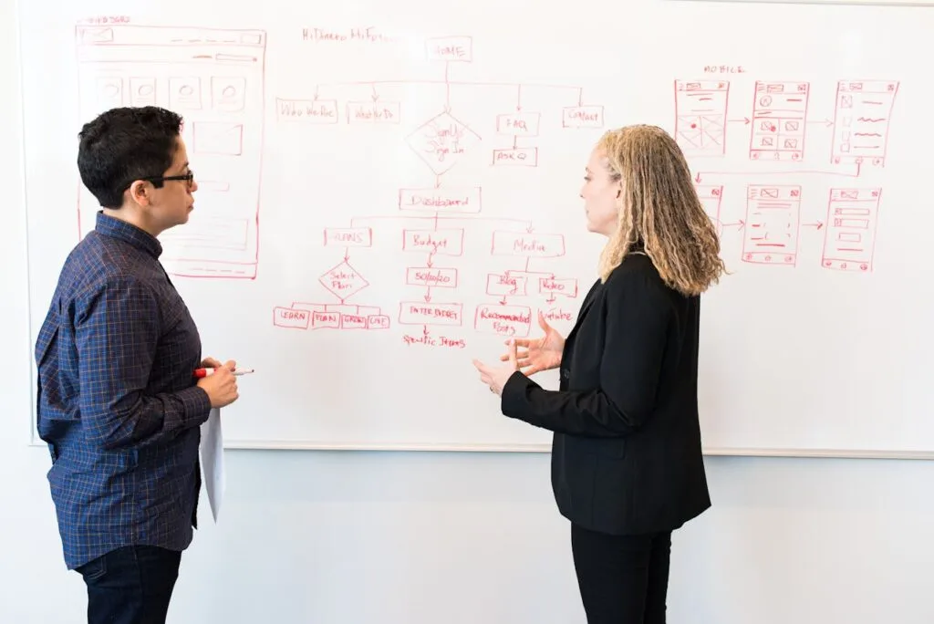 Woman in black coat discussing web design technique