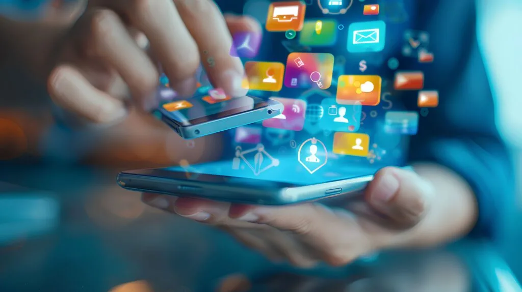 Smartphone in hand with various social media icons hovering in the air.