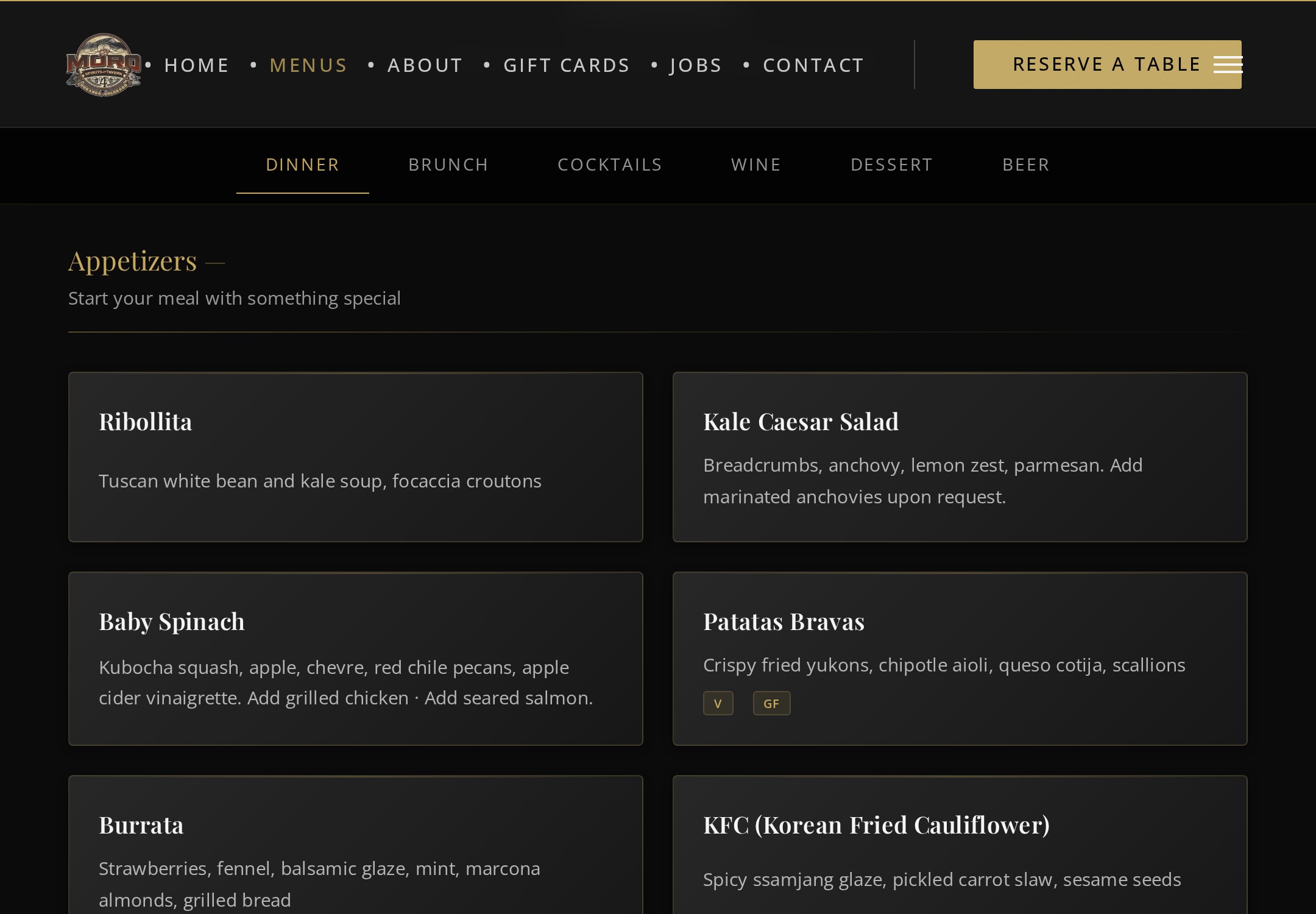 El Moro Spirits & Tavern online menu page designed and built by Animas Marketing