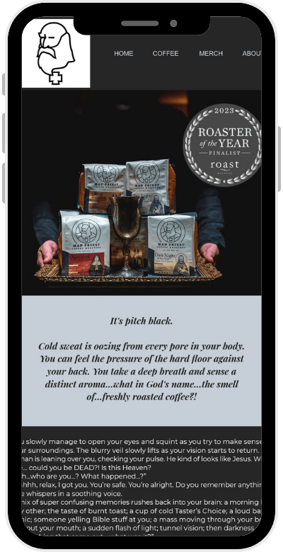 Email campaign design from a recent Animas Marketing welcome series — branded, mobile-responsive template featuring 'Roaster of the Year 2023 Finalist' product photography for a Colorado local business.