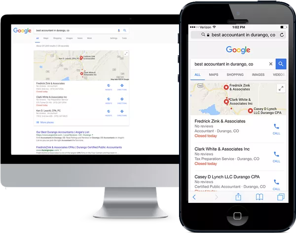 Phone displaying Google search results for a local SEO campaign — Animas Marketing helps Durango businesses earn top placement in local search.